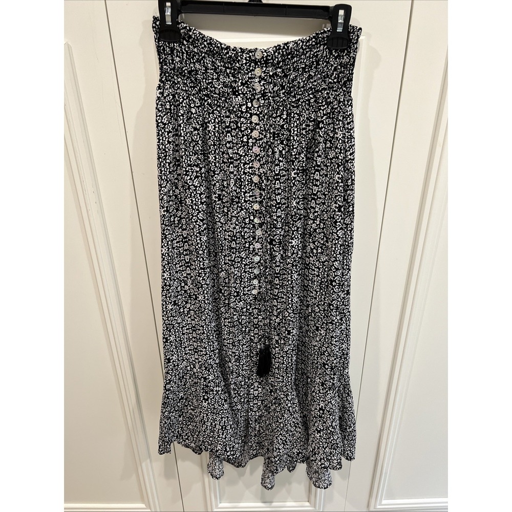 Rachel Zoe Black White Floral Maxi Skirt Large Button Front Cottagecore Prairie
